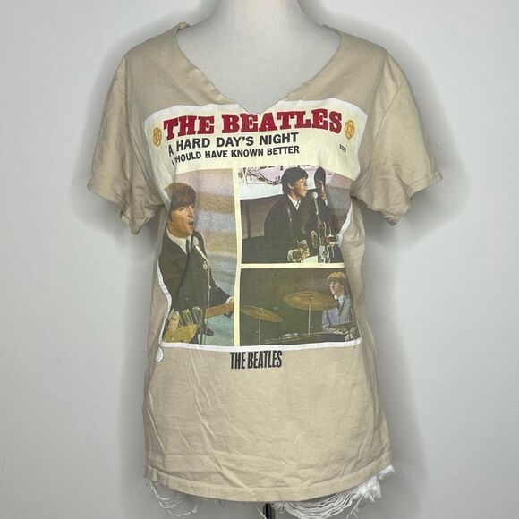 5/$25💜 The Beatles- Beige "The Beatles" Graphic Tee with Hand Cut V-Neck - Picture 1 of 2